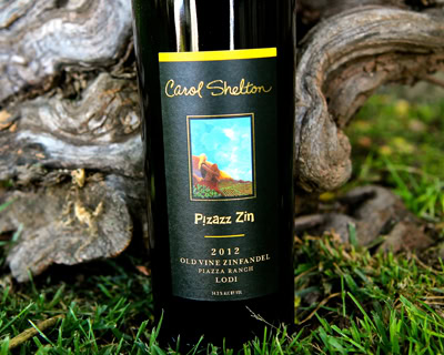 Lodi wine bottle with custom label featuring a landscape scene, placed outdoors on grass near a tree trunk.
