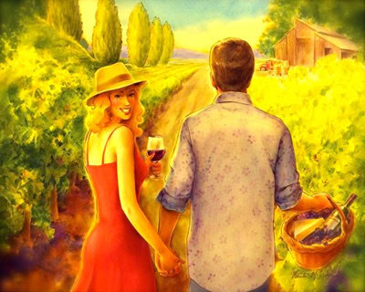 Couple enjoying wine in a vineyard with lush grapevines and a rustic barn in the background.