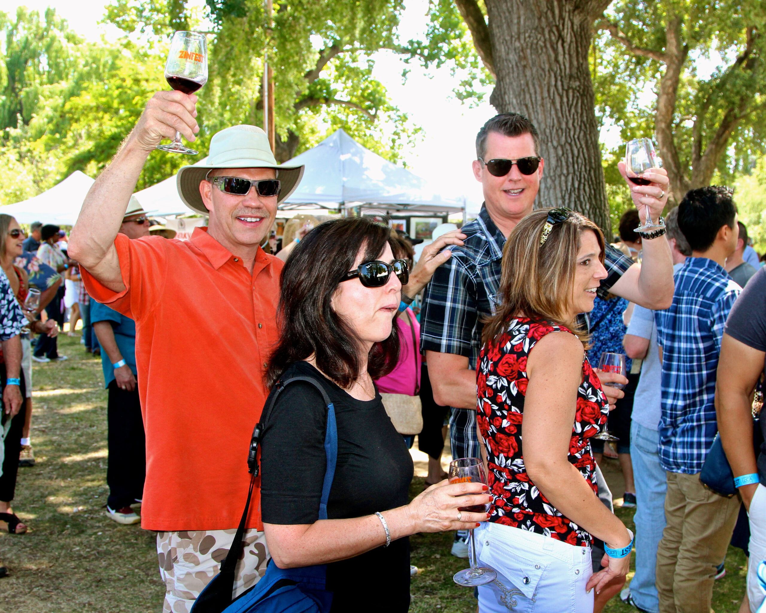 People enjoying wine tasting outdoors at a Lodi Winegrape Commission event in a park with trees and tents.