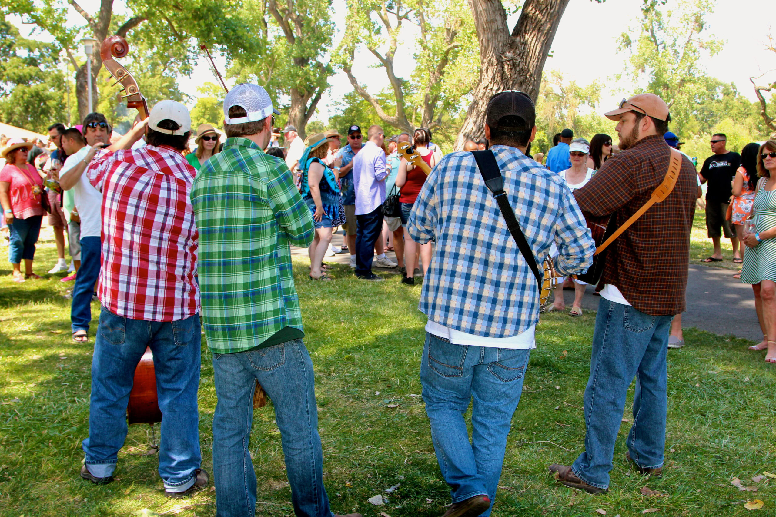 Group of people at an outdoor wine event in Lodi, California, enjoying wine tasting and socializing under trees.