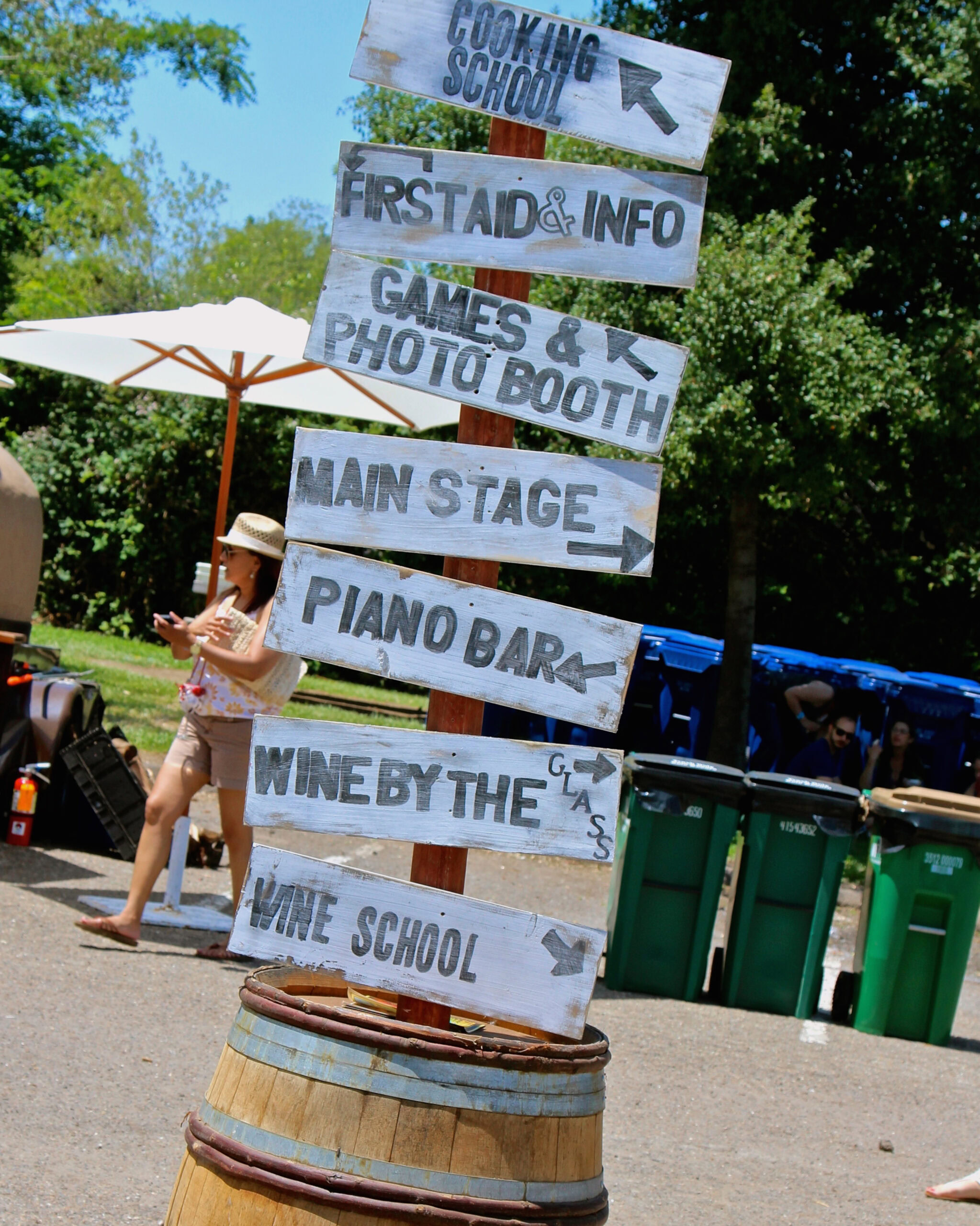 Signpost with directions at Lodi Winegrape Commission event, including cooking school, games, photo booth, and wine school.
