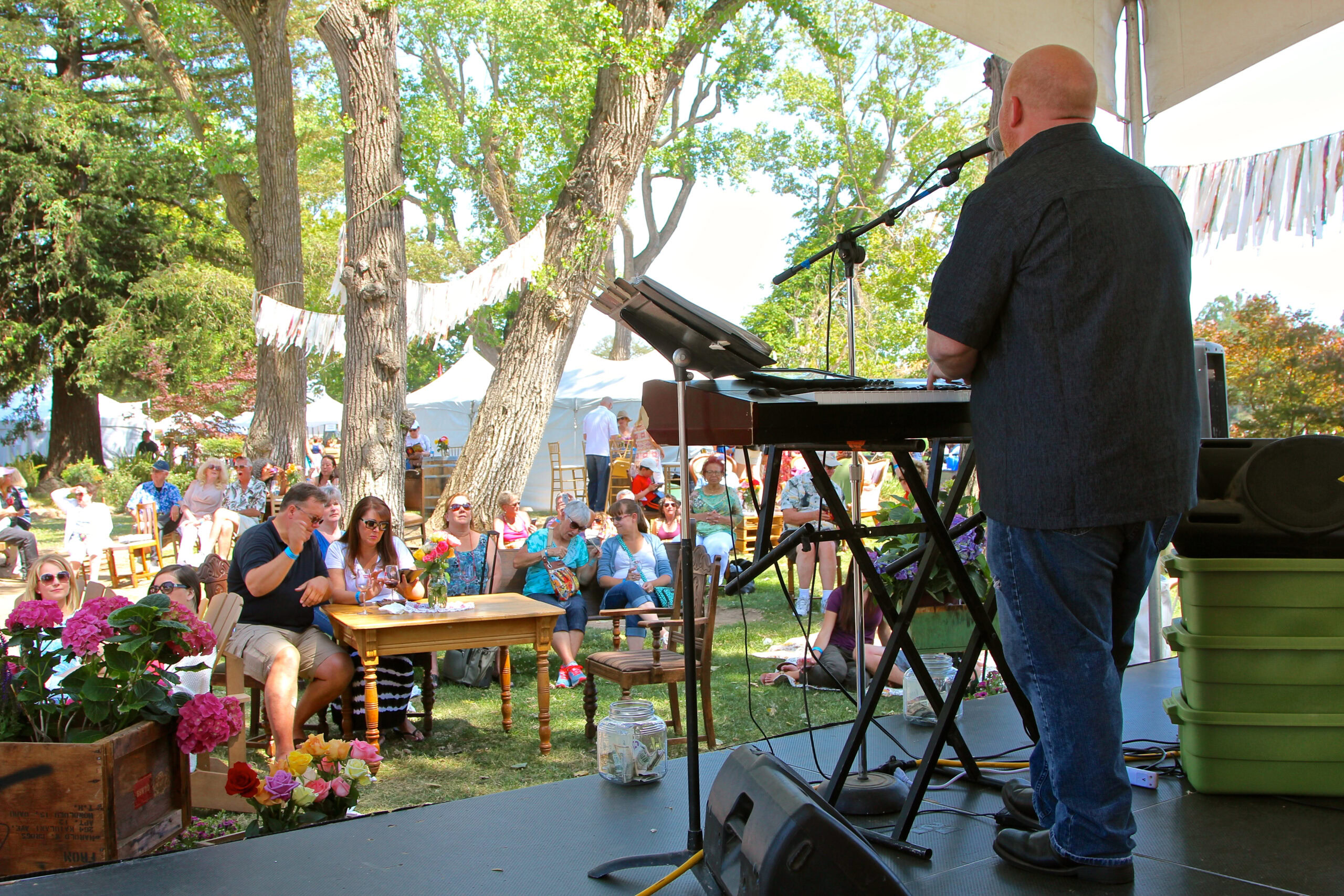 Musician performing at Lodi Winegrape Commission event with audience enjoying outdoor festival atmosphere.