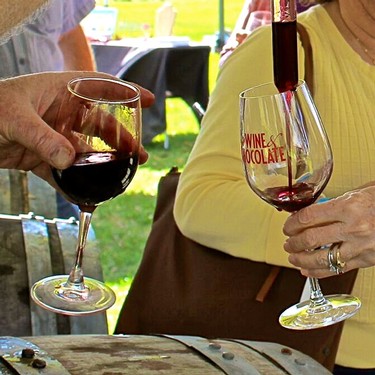 People enjoying wine tasting outdoors with glasses of red wine at Lodi Winegrape Commission event.