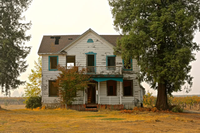 Old, weathered house surrounded by trees in Lodi wine country, California.