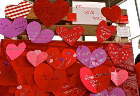 Colorful heart-shaped notes and decorations for Valentine's Day at Lodi Winegrape Commission.