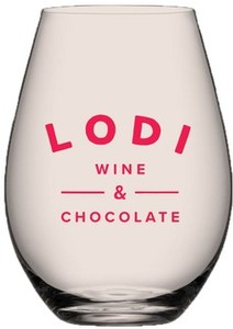 Elegant glass with Lodi Wine & Chocolate logo for wine tasting events.