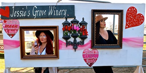 Photo display for Lodi Winegrape Commission featuring framed photos and decorative hearts at Jessie's Grove Winery.