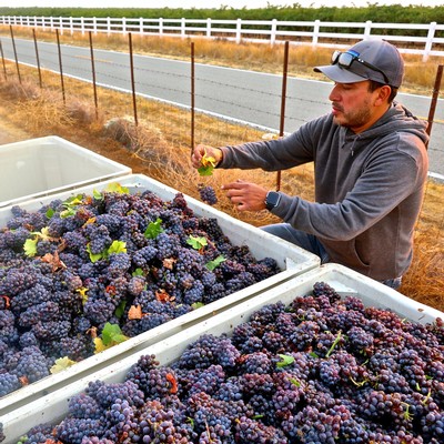Man harvesting ripe grapes in Lodi vineyard for wine production, with white fence and road in background.