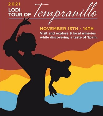 Silhouette of a woman holding a wine glass with colorful abstract background for Lodi Tempranillo event.