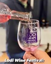 A glass of rosé wine being poured at the Lodi Wine Festival, showcasing local wine production.