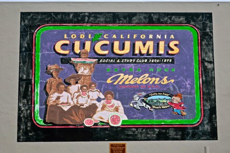 Colorful Lodi California Cucumis sign featuring children and a watermelon theme for local community.