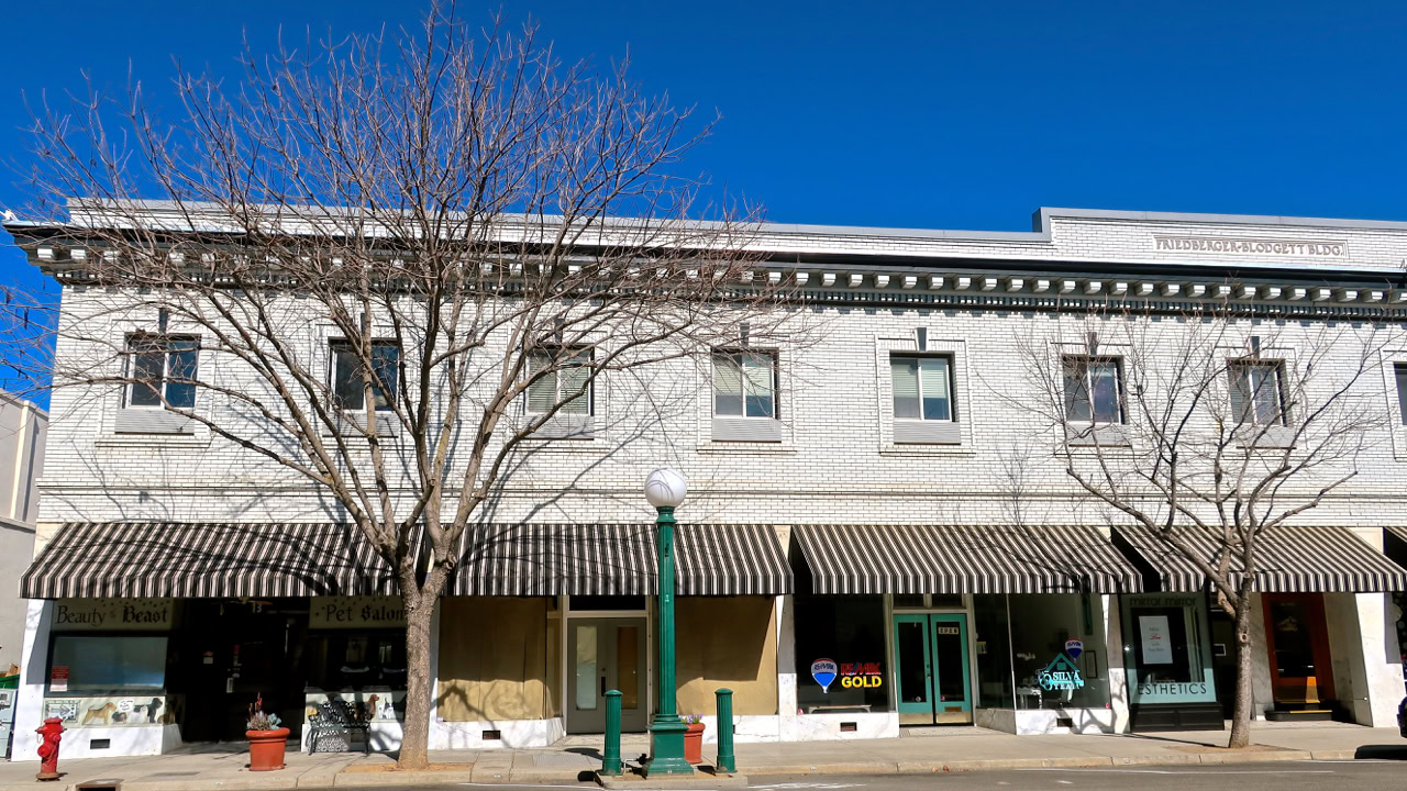 Historic building of the Lodi Winegrape Commission with storefronts and leafless trees in front under a clear blue sky.