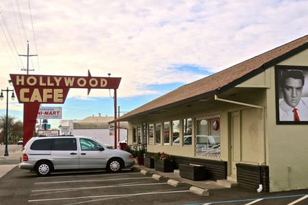 Hollywood Cafe in Lodi with parking lot and vintage sign, showcasing local dining scene.