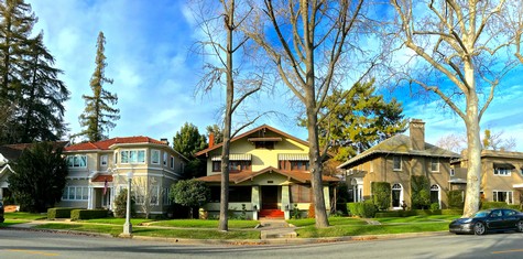 Residential neighborhood with historic houses and tall trees in Lodi, California, under a clear blue sky.