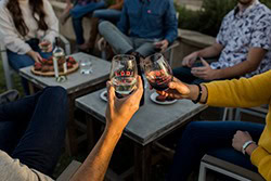 Group of friends clinking wine glasses outdoors, enjoying a social gathering with wine and snacks.