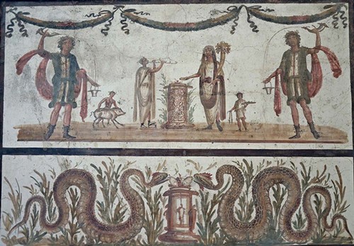 Fresco depicting mythological figures and serpents, showcasing Roman art and symbolism.