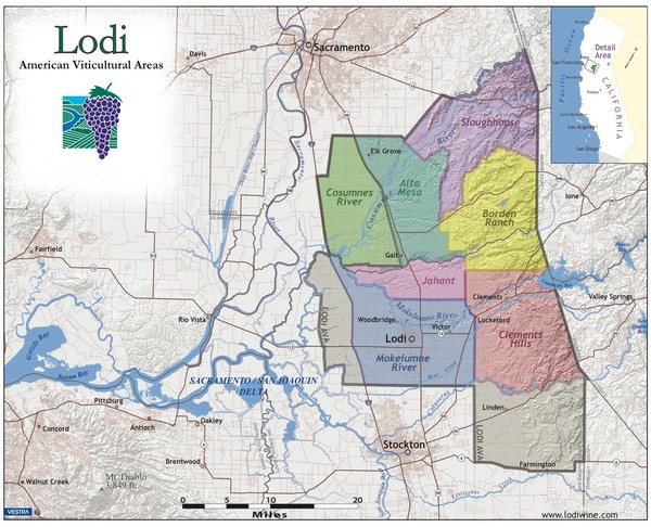 Map of Lodi American Viticultural Area with subregions and rivers in California.