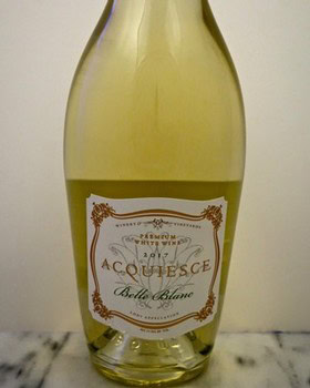 A bottle of 2017 Acquiesce Bella Blanc wine from Lodi Winegrape Commission.