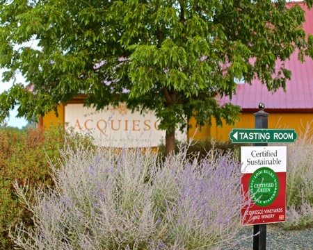 Lodi Winegrape Commission tasting room sign with lush greenery and lavender plants in the foreground.