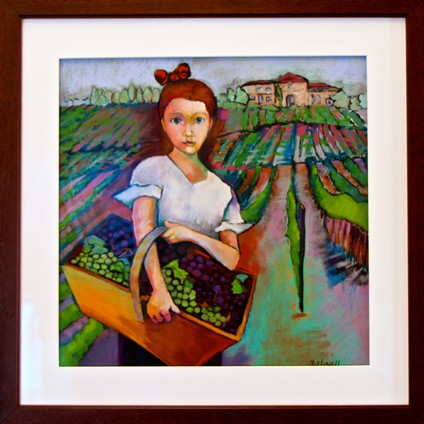 Painting of a girl holding a basket of grapes in a vineyard, representing Lodi Winegrape Commission.