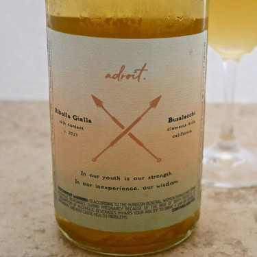 Close-up of a wine bottle label from Lodi Winegrape Commission with a minimalist design and inspirational quote.
