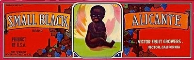 Vintage Lodi winegrape label featuring Small Black and Alicante grapes from California.
