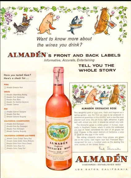 Almaden Grenache Rosé wine bottle with label, promoting wine education and storytelling.