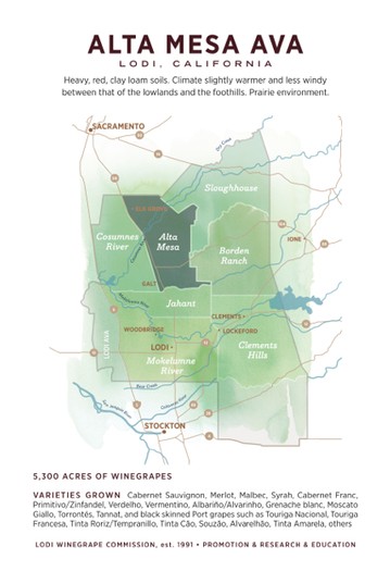 Detailed map of Alta Mesa AVA in Lodi, California, highlighting key wine regions and geographic features.
