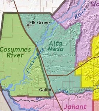 Map of Lodi wine region showing Alta Mesa, Cosumnes River, and surrounding areas.
