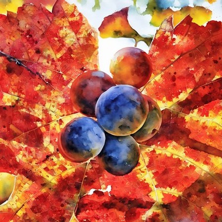 Colorful cluster of ripe grapes on vibrant autumn leaves, showcasing Lodi wine grape harvest.