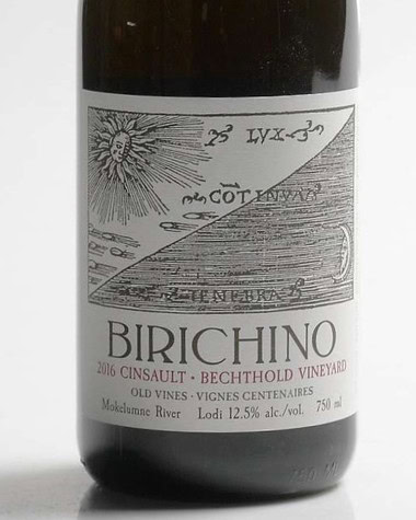 Close-up of Birichino 2016 Cinsault wine bottle from Lodi with vineyard details.