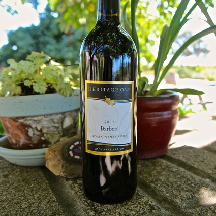 Lodi Heritage Oak Barbera wine bottle from Noma Vineyards, showcasing a 2014 vintage in a garden setting.