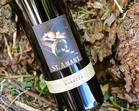Close-up of a wine bottle labeled St. Amant from Lodi Winegrape Commission on vineyard soil.