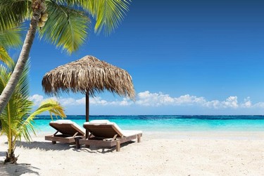 Relaxing tropical beach with two lounge chairs under a thatched umbrella, palm trees, and clear blue ocean water.