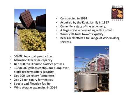 Photo of Bear Creek Winery with fermentation tanks and a large crusher in Lodi, California.