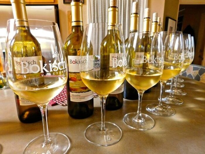 Multiple glasses of white wine with bottles labeled Bokisch Winery on a table.