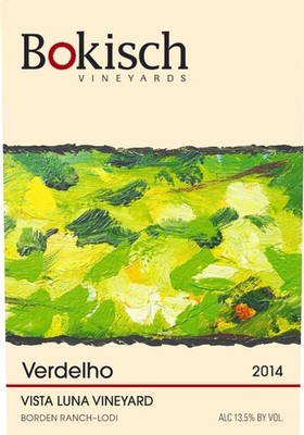 Bokisch Vineyards Verdelho 2014 wine bottle label with vineyard scene and vintage year.