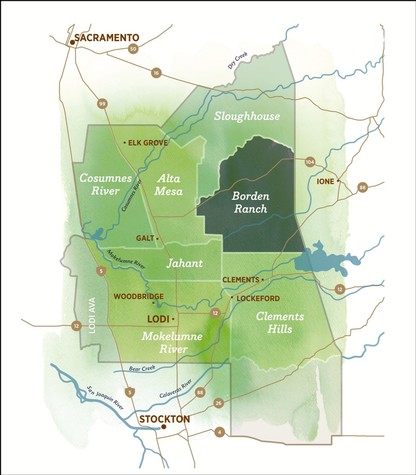 Map of Lodi wine region highlighting key areas and rivers in California's wine country.