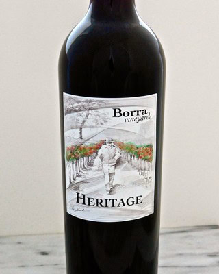 Borra Vineyard Heritage wine bottle with vineyard scene label for Lodi wine enthusiasts.