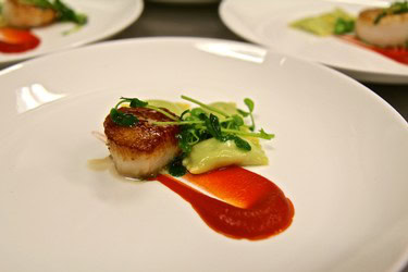 Gourmet dish featuring seared scallop, green garnish, and red sauce on a white plate.