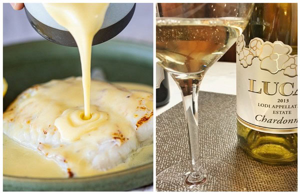 Wine and cheese pairing with a glass of Chardonnay and a cheese dish with creamy sauce.