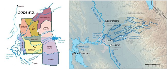 Map of Lodi wine region highlighting vineyards and wine production areas in California.