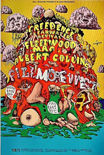 Colorful vintage concert poster for Fleetwood Mac and other bands, featuring bold text and artistic illustrations.