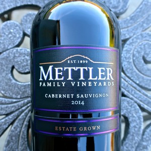 Close-up of Mettler Family Vineyards Cabernet Sauvignon 2014 wine bottle with elegant label design.
