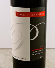 Lodi Cabernet Sauvignon wine bottle from Paskett Vineyards, 2016 vintage, showcasing premium wine quality.