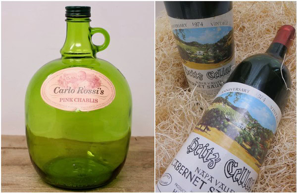 Vintage green glass bottle with pink label reading Carla Rassi's Pink Chablis, on a wooden surface.
