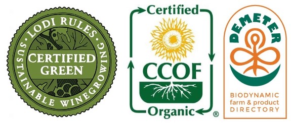 Collection of Lodi Winegrape Commission certification logos including green certified green, organic, and biodynamic labels.