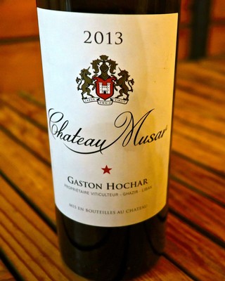 2013 Chateau Musar wine bottle from Gaston Hocar, Lodi Winegrape Commission, with detailed label and crest.
