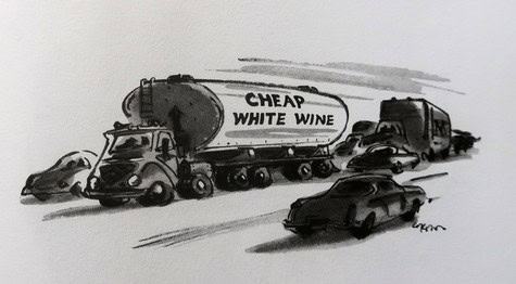 Cartoon of a tanker truck labeled 'Cheap White Wine' surrounded by cars on the road.