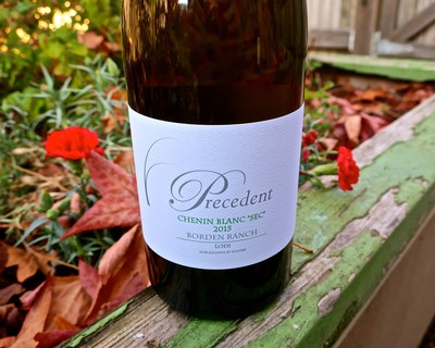 Lodi Chenin Blanc wine bottle from Bordeaux Ranch, showcasing a 2015 vintage, placed outdoors among autumn leaves.